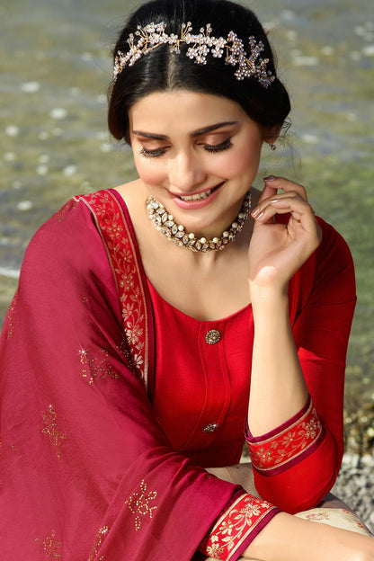 Red and Cream Embroidered Designer Anarkali