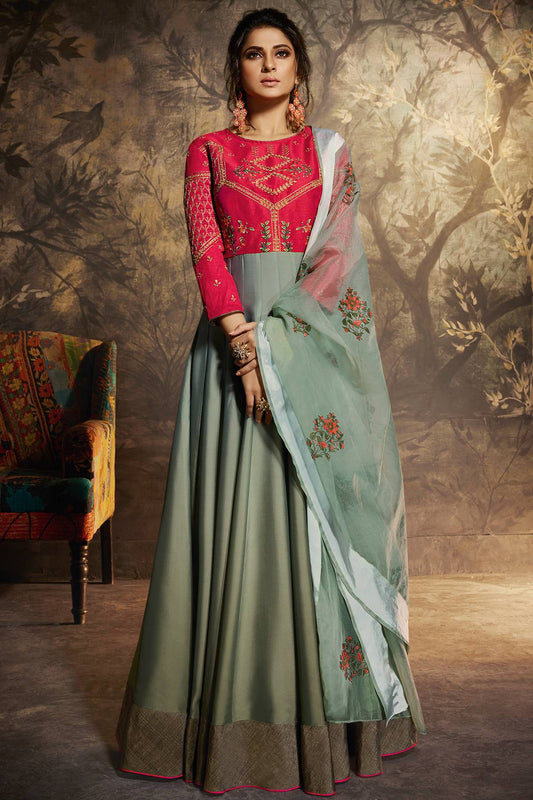 Red And Greyish Green Designer Gown