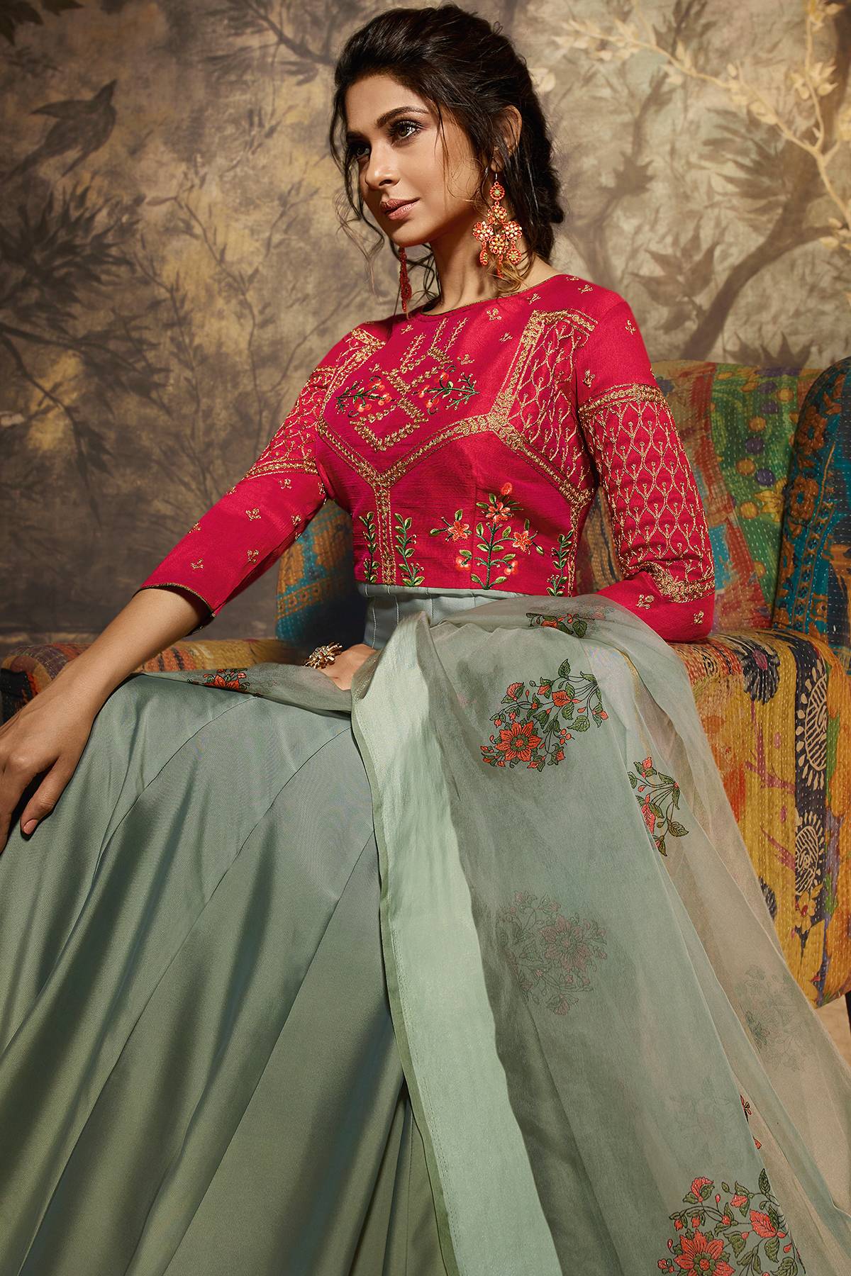 Red And Greyish Green Designer Gown