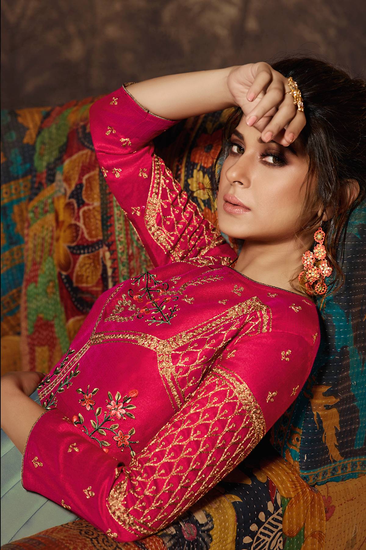 Red And Greyish Green Designer Gown