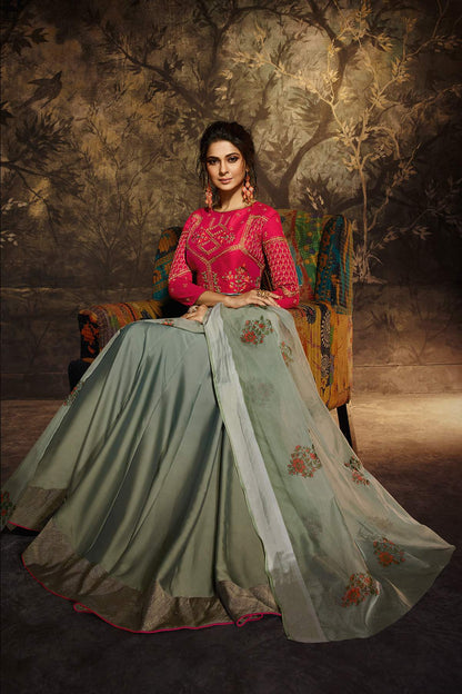 Red And Greyish Green Designer Gown
