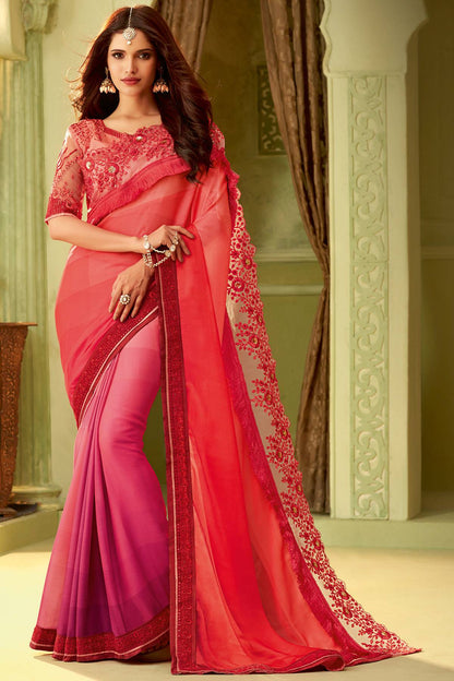 Red And Magenta Designer Silk Sari