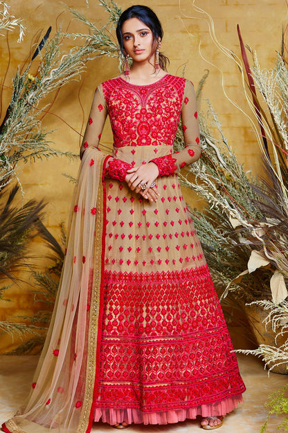Red Designer Butterfly Net Anarkali Suit
