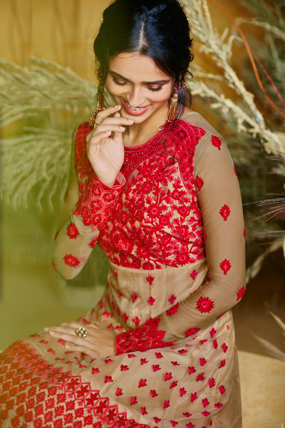 Red Designer Butterfly Net Anarkali Suit