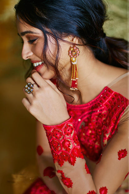 Red Designer Butterfly Net Anarkali Suit