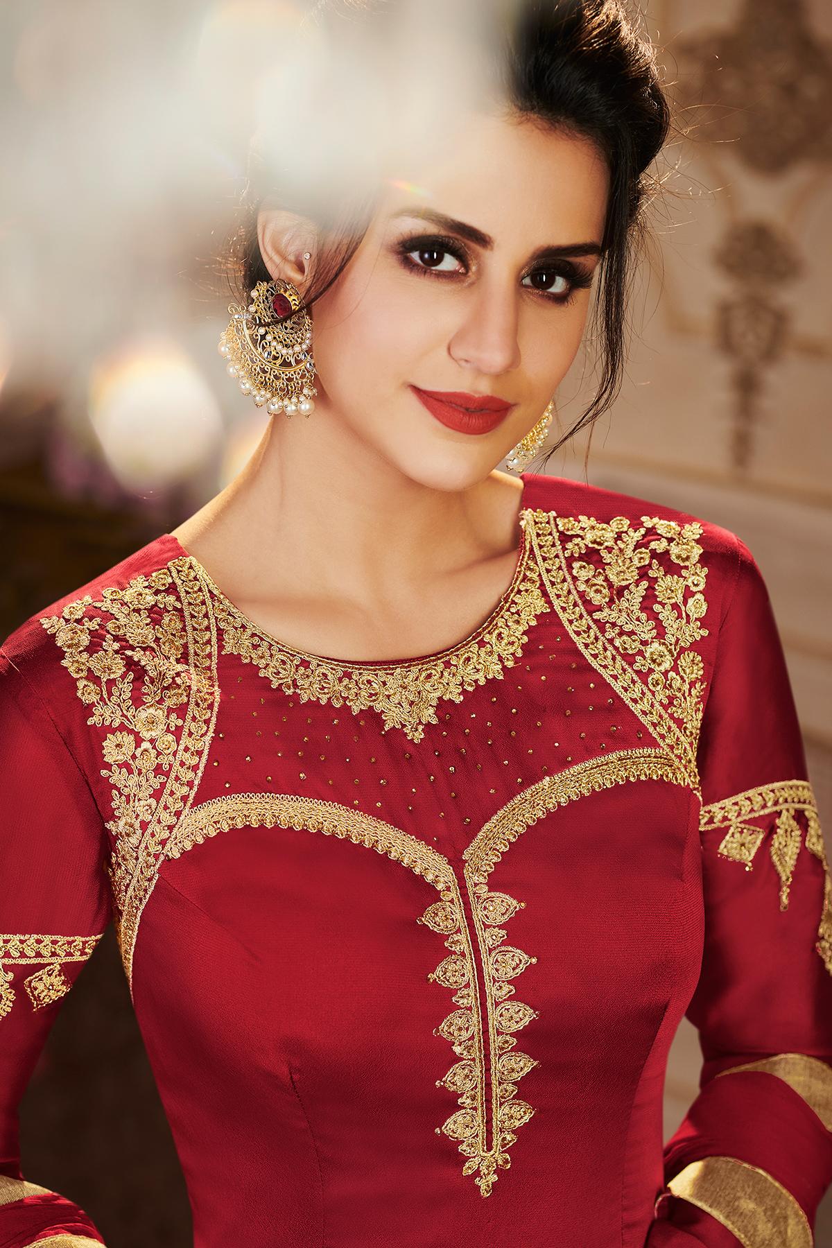 Red Designer Lehenga Style Suit