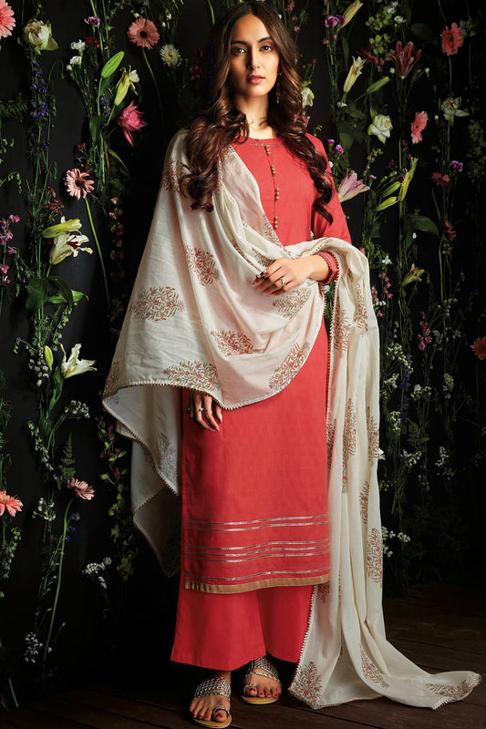 Red Printed Cotton Palazzo Suit
