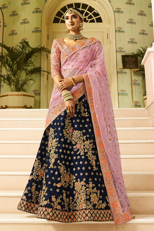 Lavender Pink and Admiral Blue Silk Party Wear Lehenga Choli
