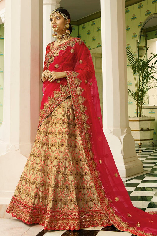Cherry Red and Flaxen Yellow Silk Party Wear Lehenga Choli