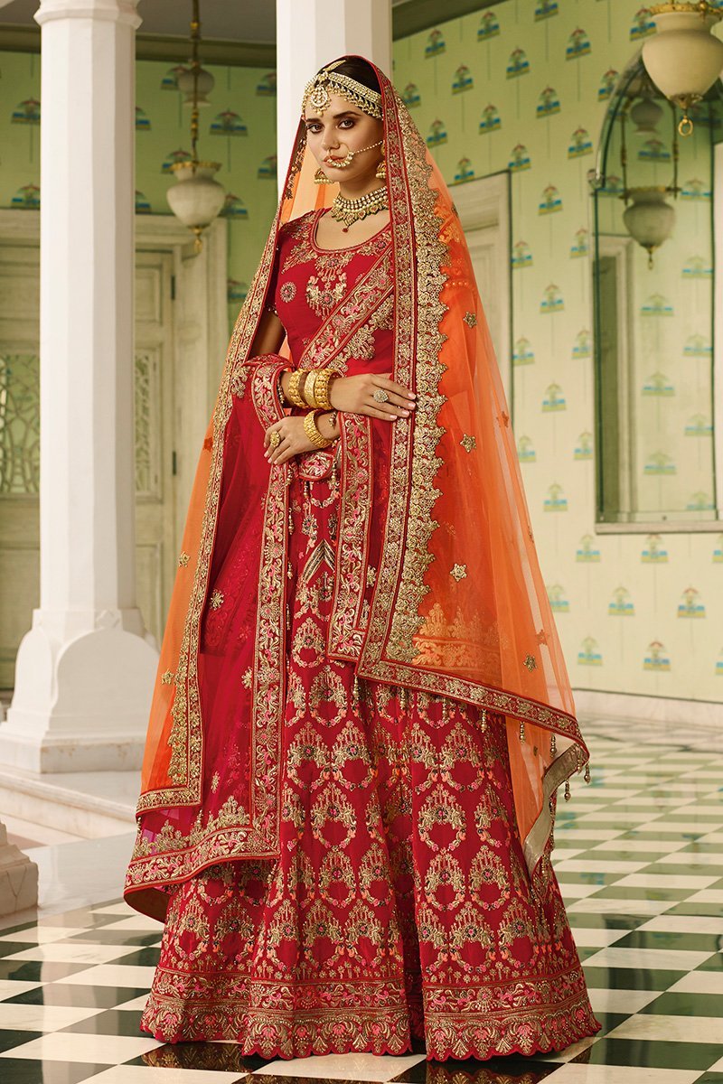 Cherry Red Silk Party Wear Lehenga Choli