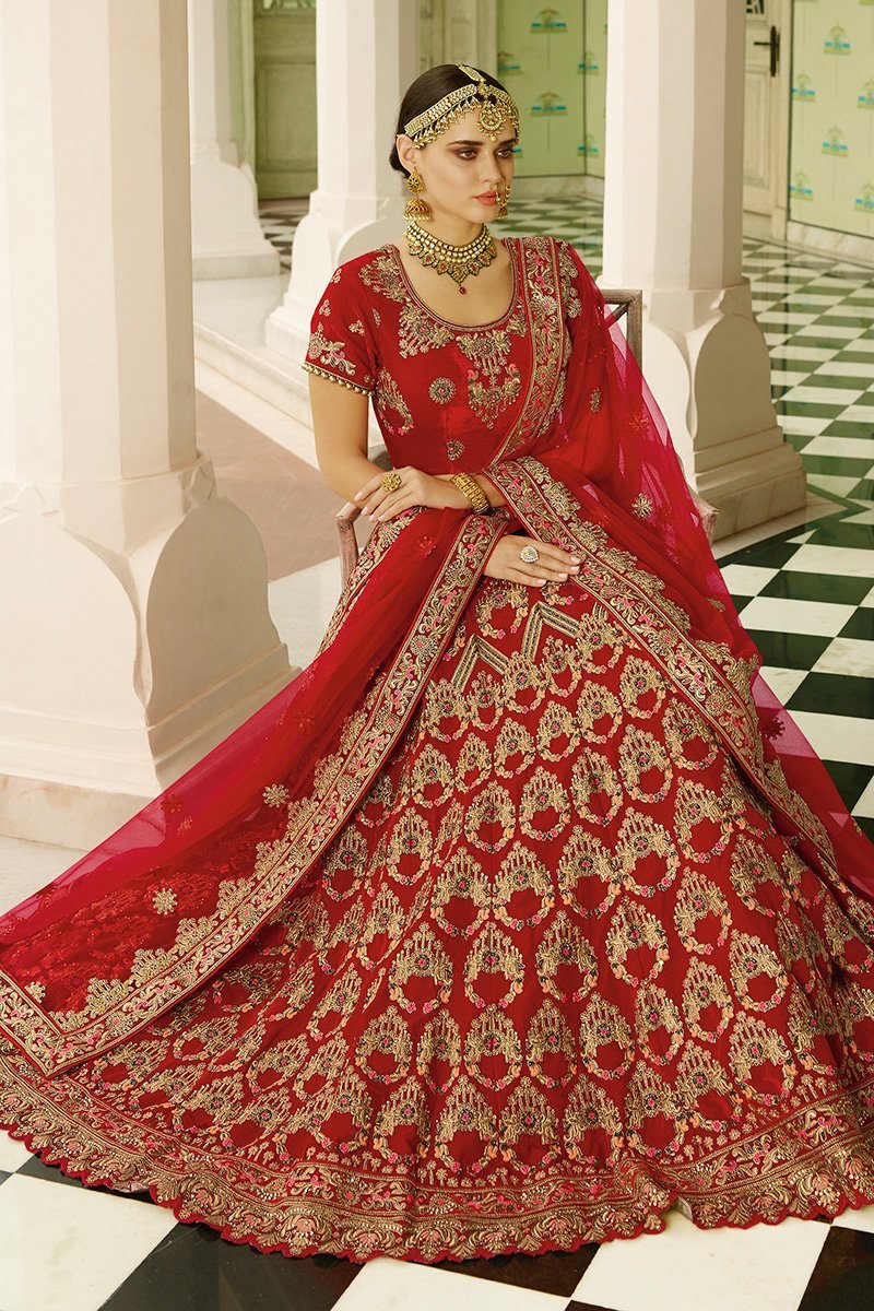 Cherry Red Silk Party Wear Lehenga Choli
