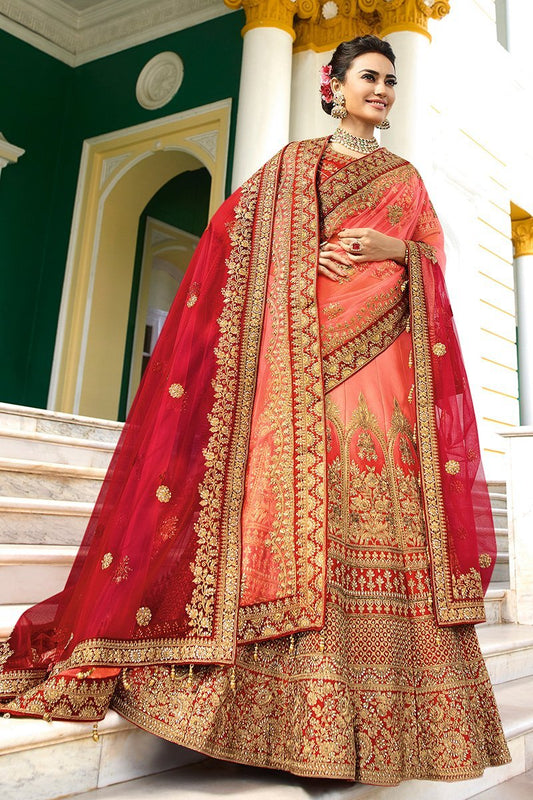 Scarlet Red and Baby Pink Silk Party Wear Lehenga Choli