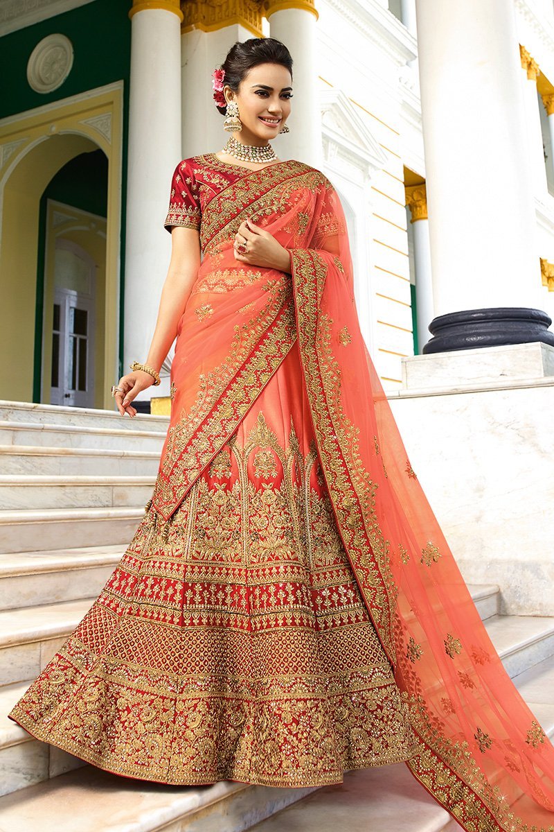 Scarlet Red and Baby Pink Silk Party Wear Lehenga Choli