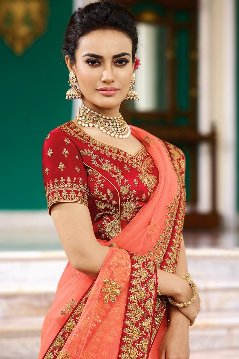 Scarlet Red and Baby Pink Silk Party Wear Lehenga Choli