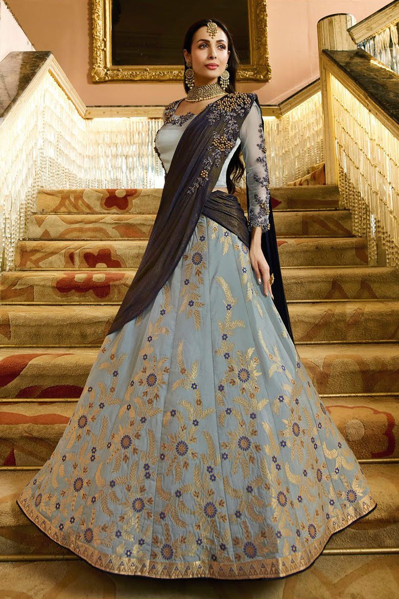 Silk Siver Grey embroidered Party Wear Lehenga Set