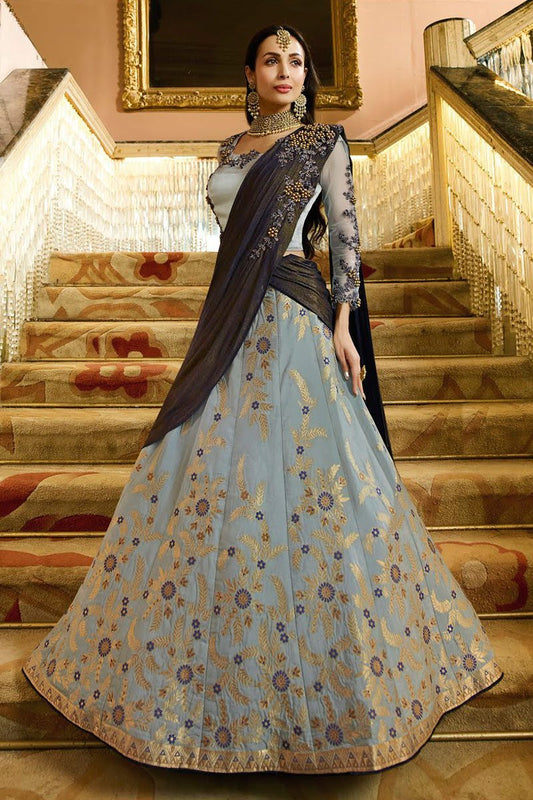 Silk Siver Grey embroidered Party Wear Lehenga Set
