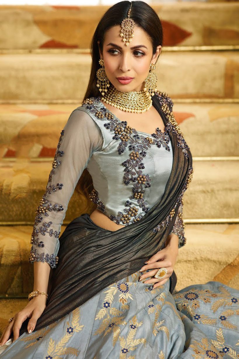 Silk Siver Grey embroidered Party Wear Lehenga Set