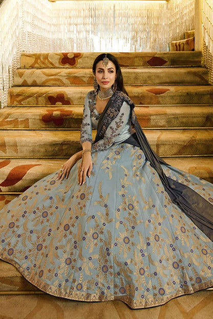 Silk Siver Grey embroidered Party Wear Lehenga Set