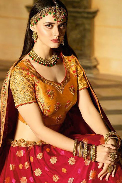 Brilliant Pink and Yellow Party Wear Lehanga Set