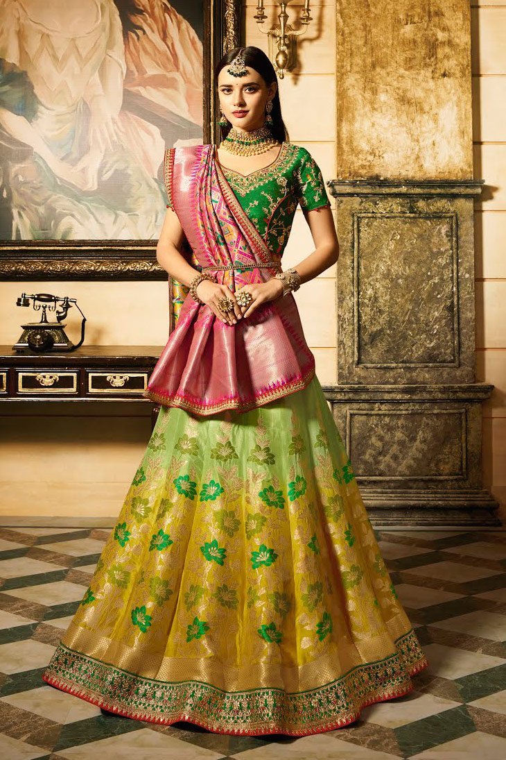 Rich Yellow and Pink Silk Party Wear Lehanga Set