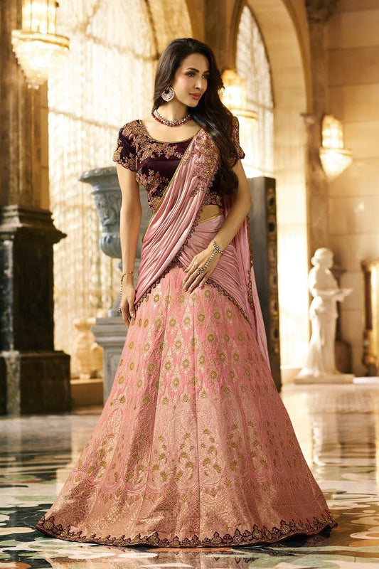 Beautiful and Unique Peach and Brown Silk Lehanga Set