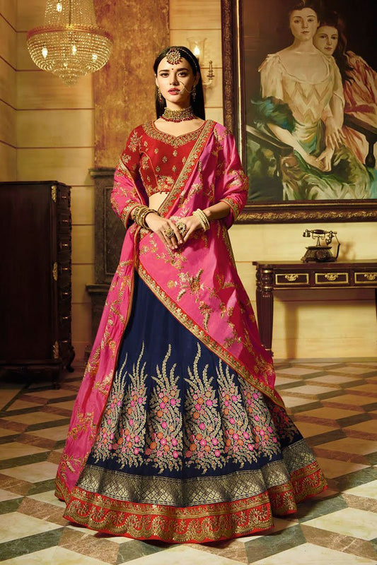 Cozy Blue and Red silk party wear lehanga Set