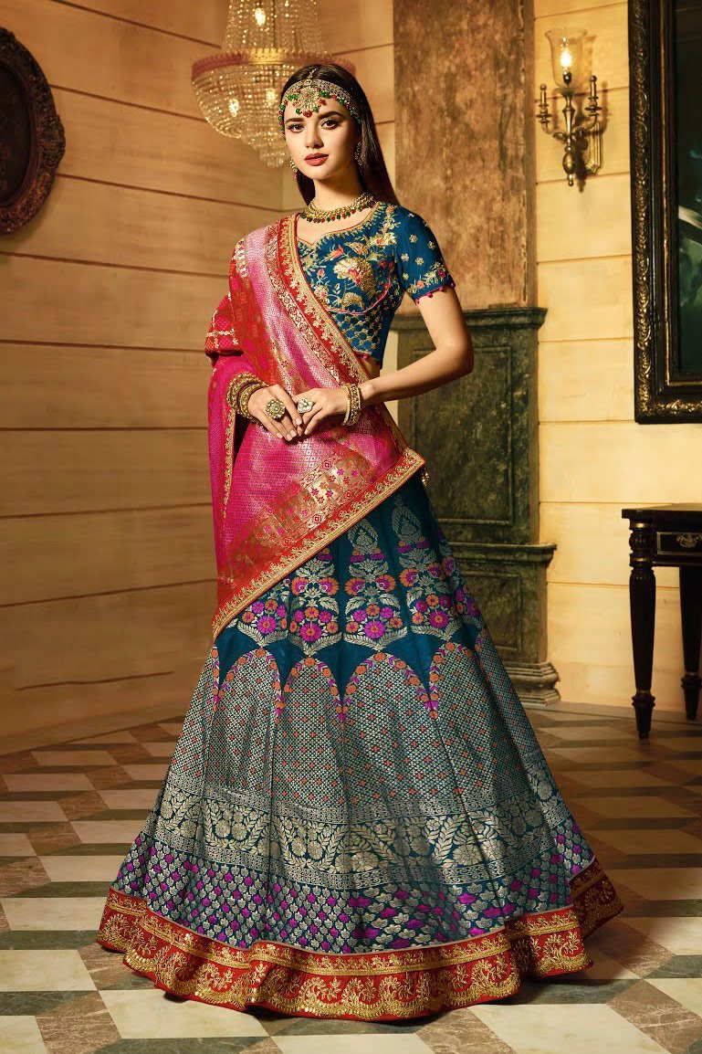Luxurious Blue Silk Party Wear Lehanga Set