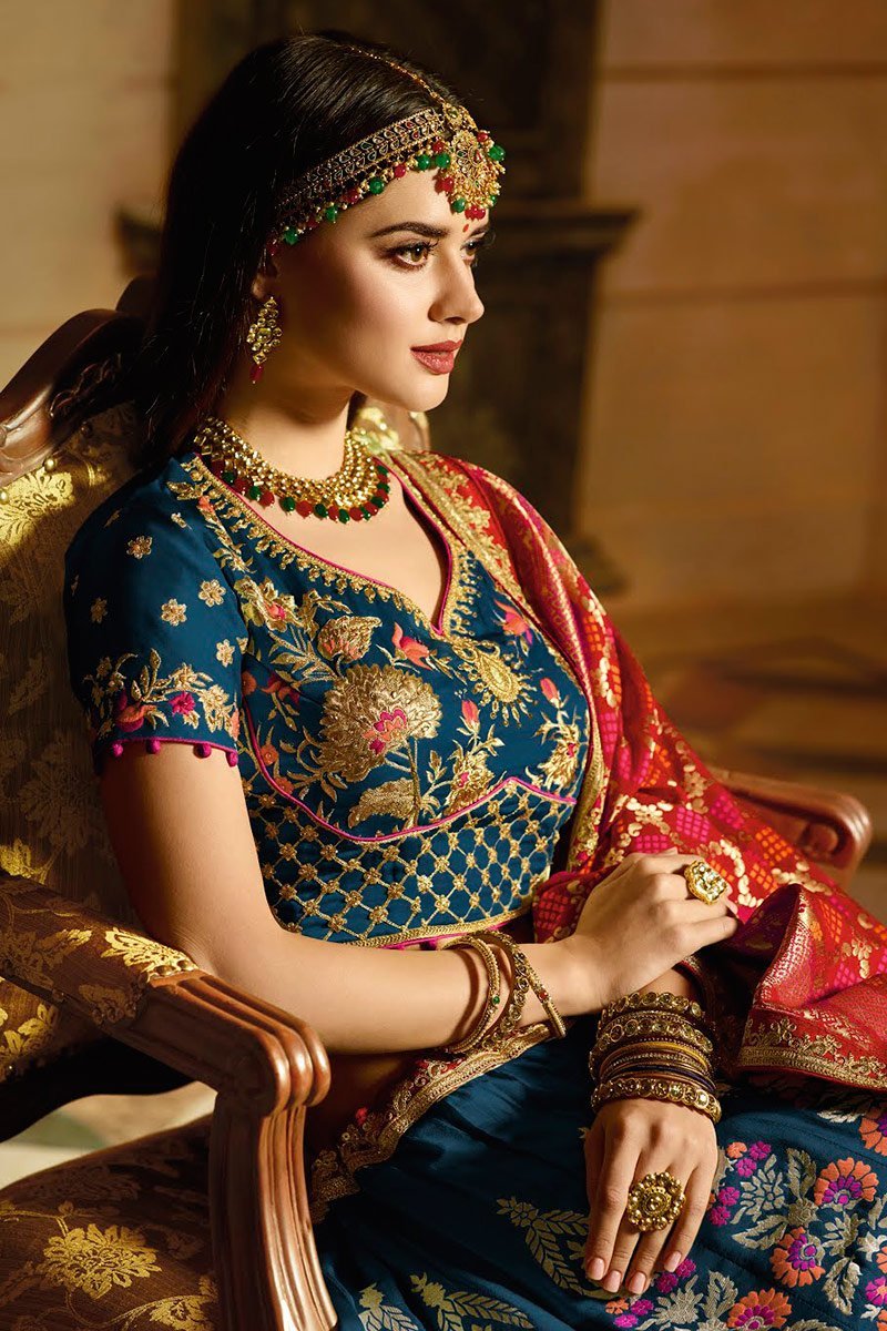 Luxurious Blue Silk Party Wear Lehanga Set