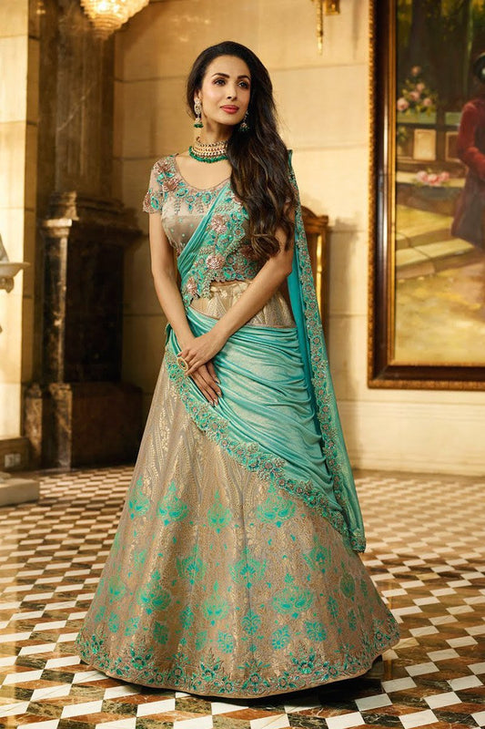 Trendiest Sky Blue and Cream Silk Party Wear Lehanga Set