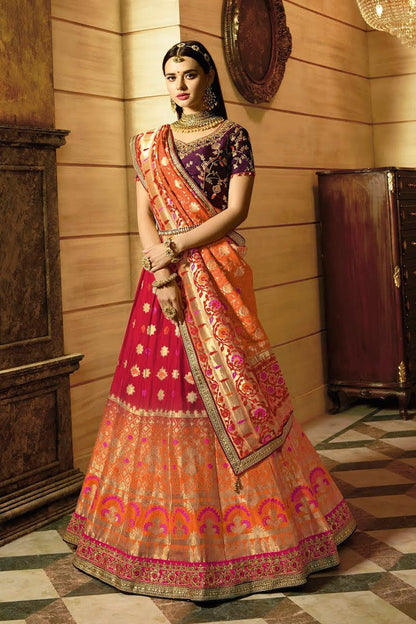 Attractive Pink and Orange Silk Party Wear Lehanga Set
