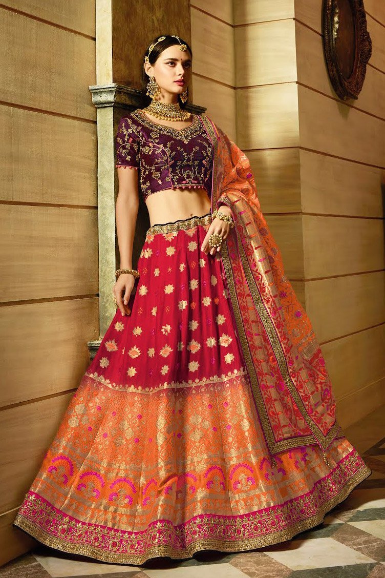Attractive Pink and Orange Silk Party Wear Lehanga Set