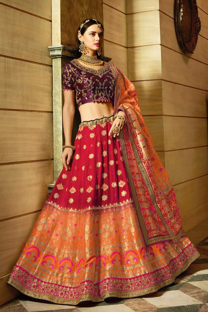 Attractive Pink and Orange Silk Party Wear Lehanga Set