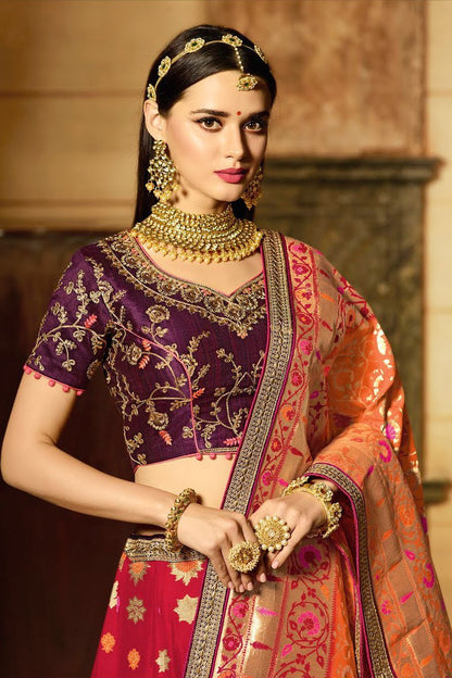 Attractive Pink and Orange Silk Party Wear Lehanga Set