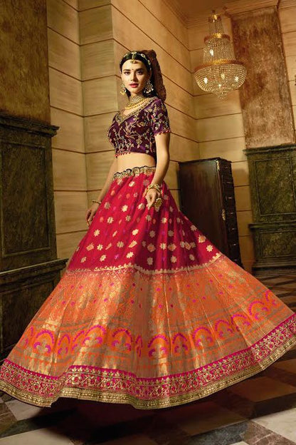 Attractive Pink and Orange Silk Party Wear Lehanga Set