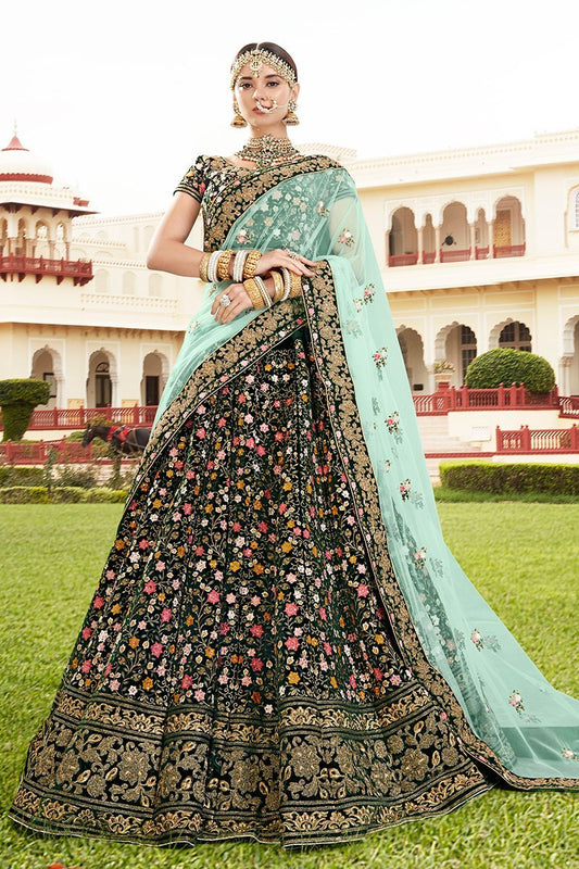 Pine Green Velvet Party Wear Lehenga Choli