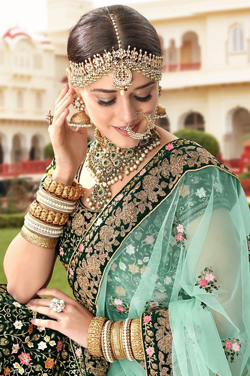 Pine Green Velvet Party Wear Lehenga Choli