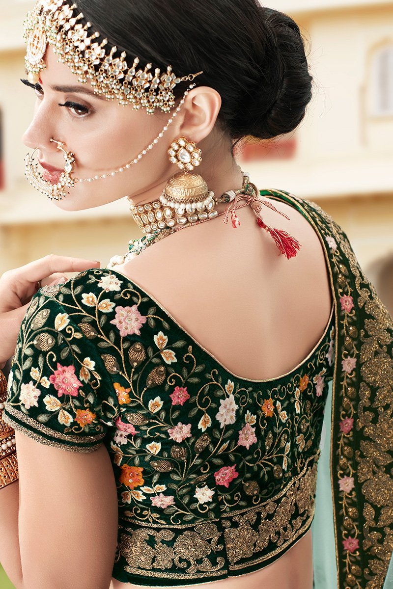 Pine Green Velvet Party Wear Lehenga Choli