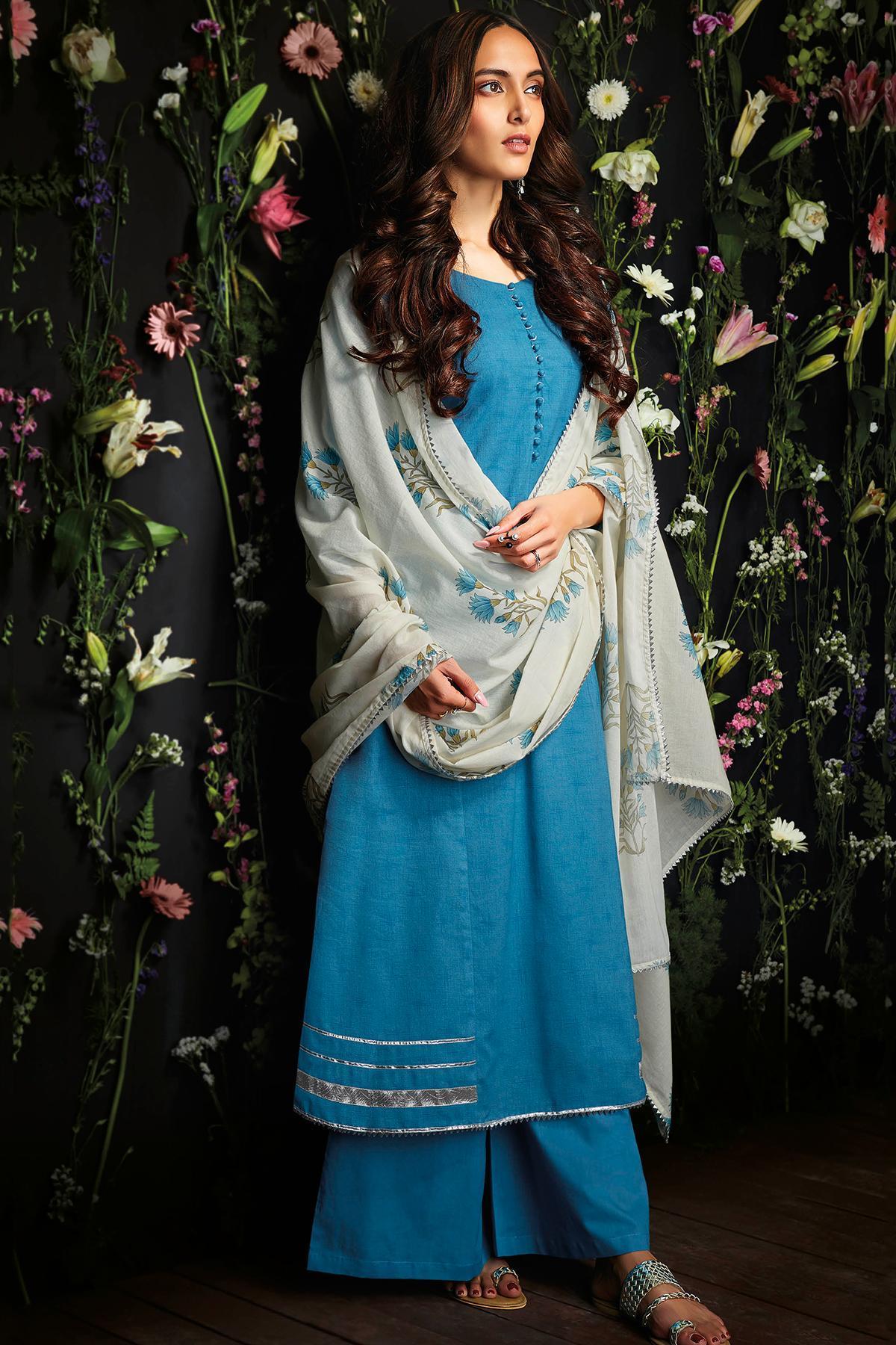 Royal Blue Printed Cotton Palazzo Suit