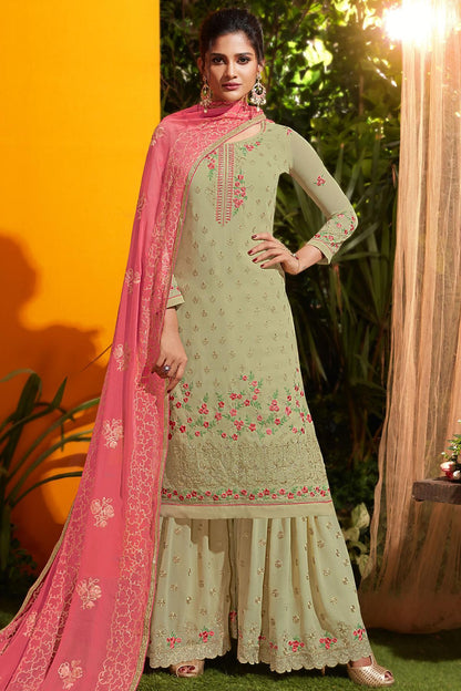 Sage Green And Punch Pink Designer Gharara Suit