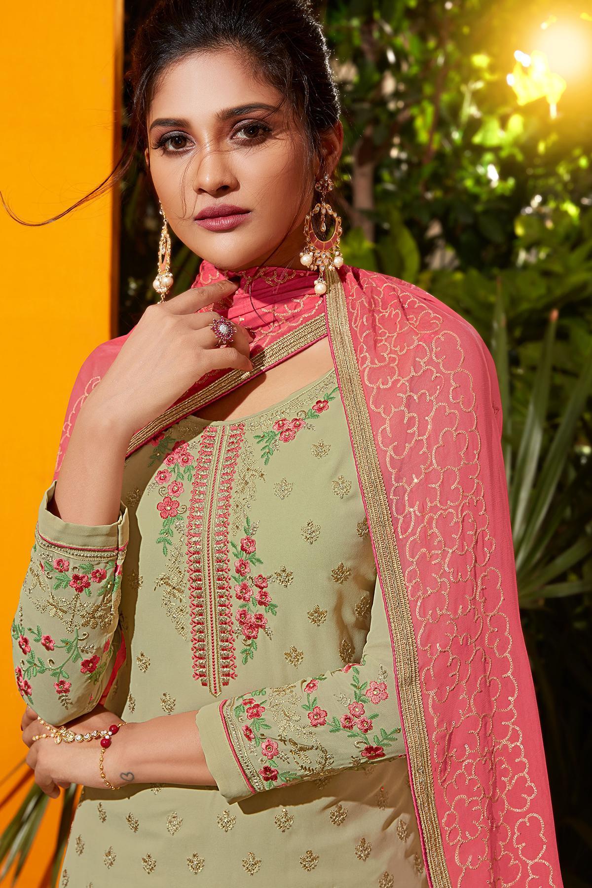Sage Green And Punch Pink Designer Gharara Suit