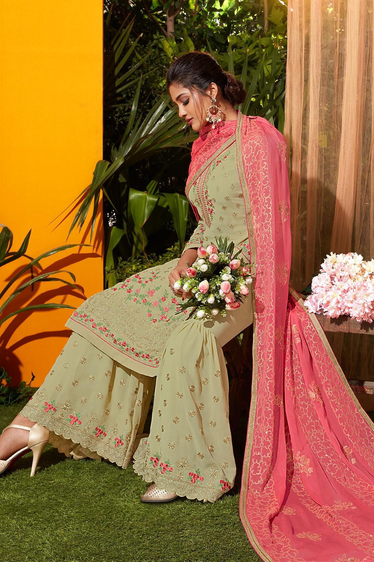 Sage Green And Punch Pink Designer Gharara Suit