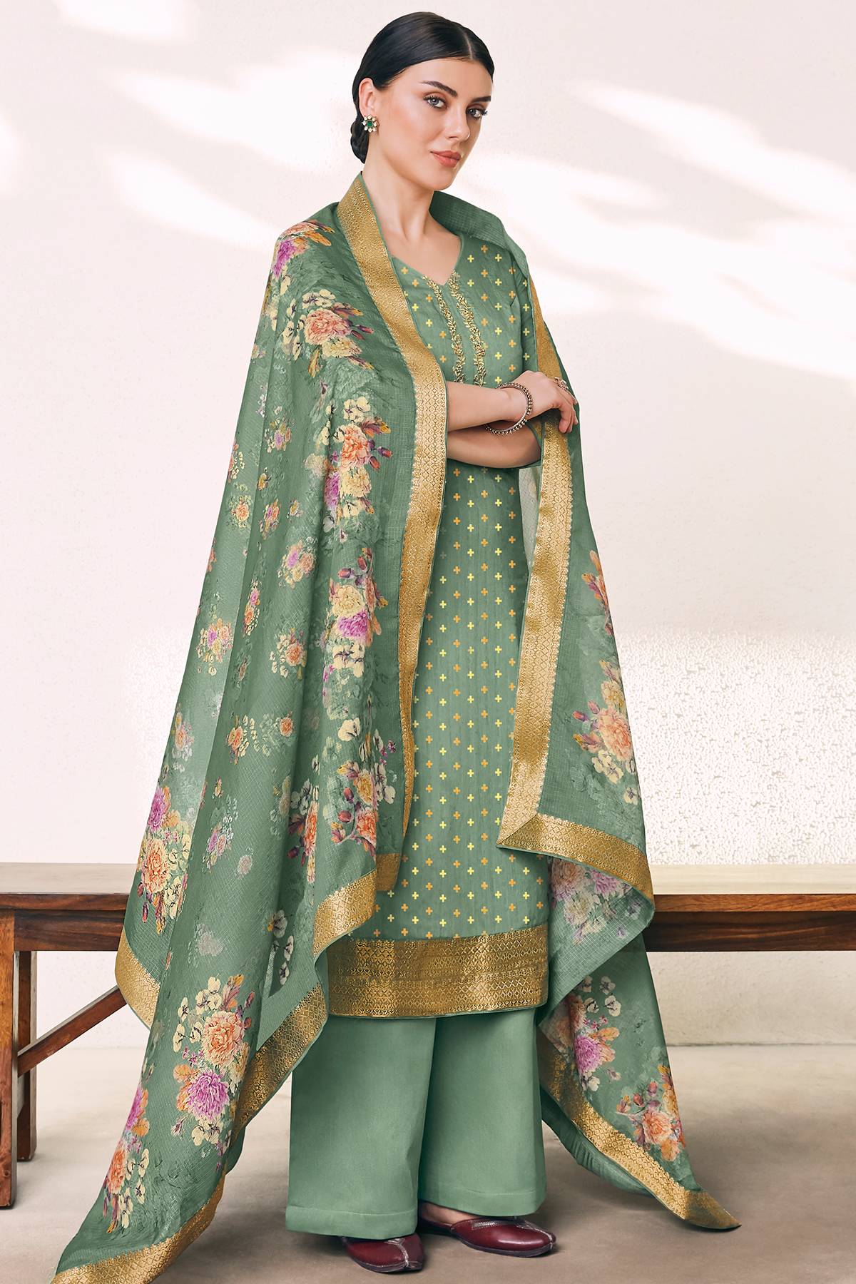 Sage Green Casual Printed Straight Suit