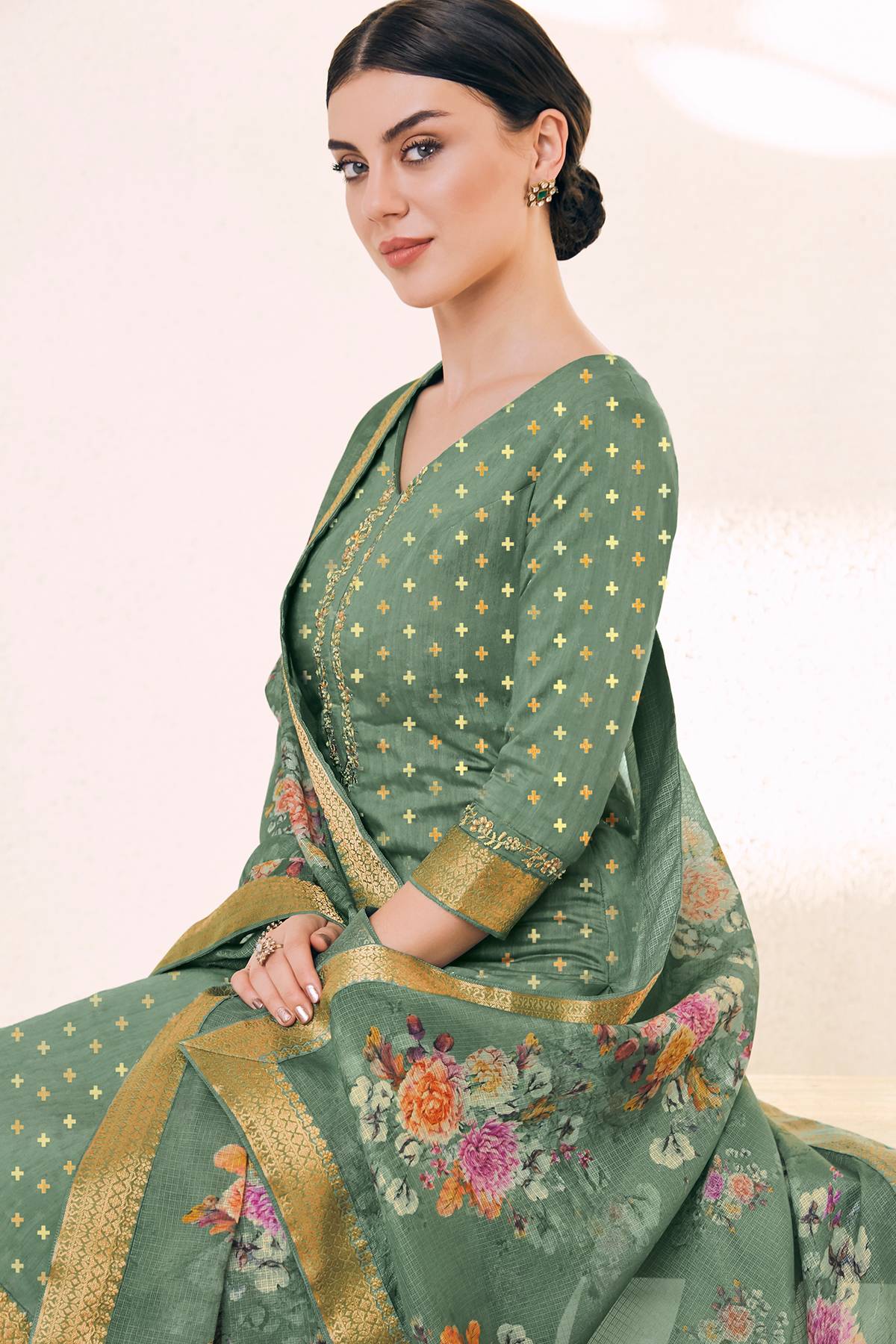 Sage Green Casual Printed Straight Suit