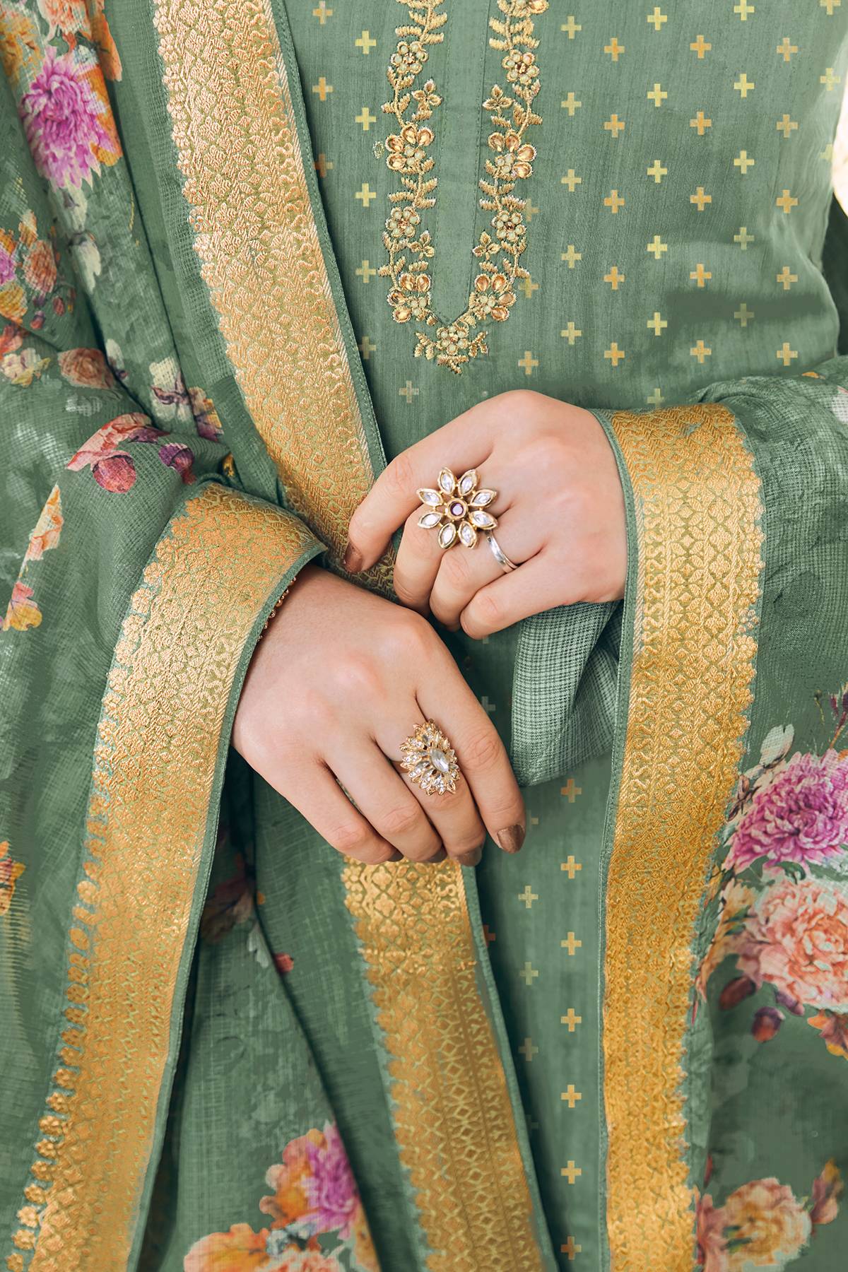 Sage Green Casual Printed Straight Suit