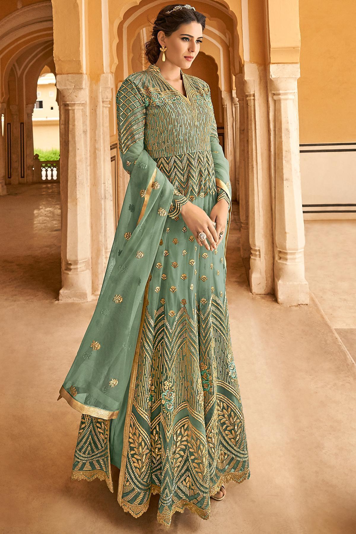 Sage Green Net Party Wear Anarkali Suit