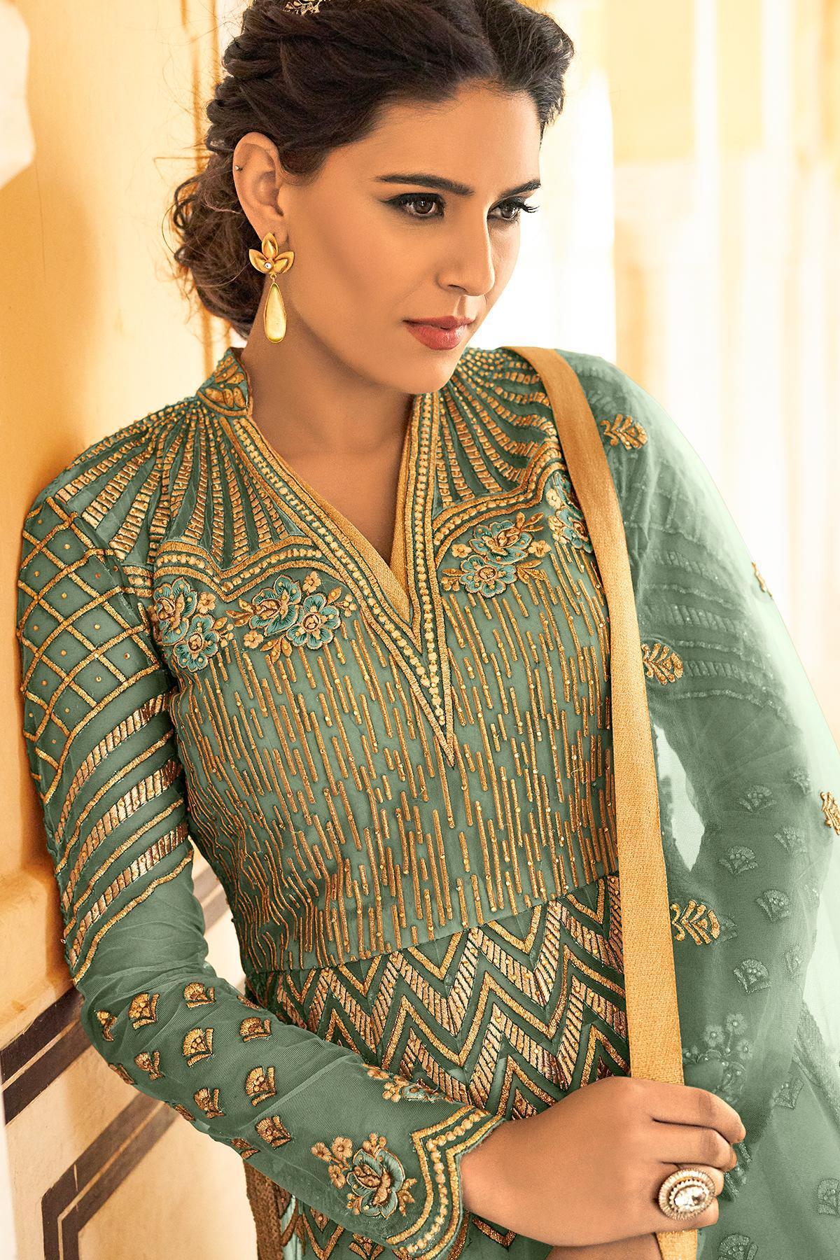 Sage Green Net Party Wear Anarkali Suit