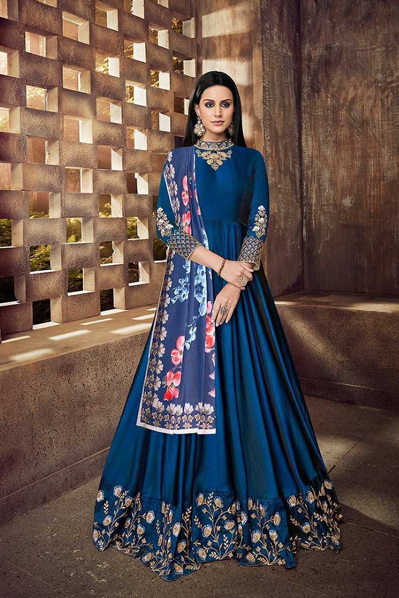 Mesmerising Blue Tafeta Silk Party Wear Anarkali Suit