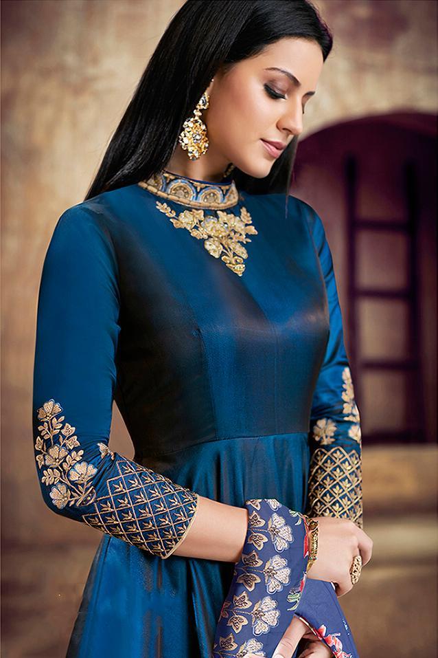 Mesmerising Blue Tafeta Silk Party Wear Anarkali Suit