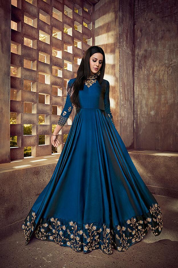 Mesmerising Blue Tafeta Silk Party Wear Anarkali Suit