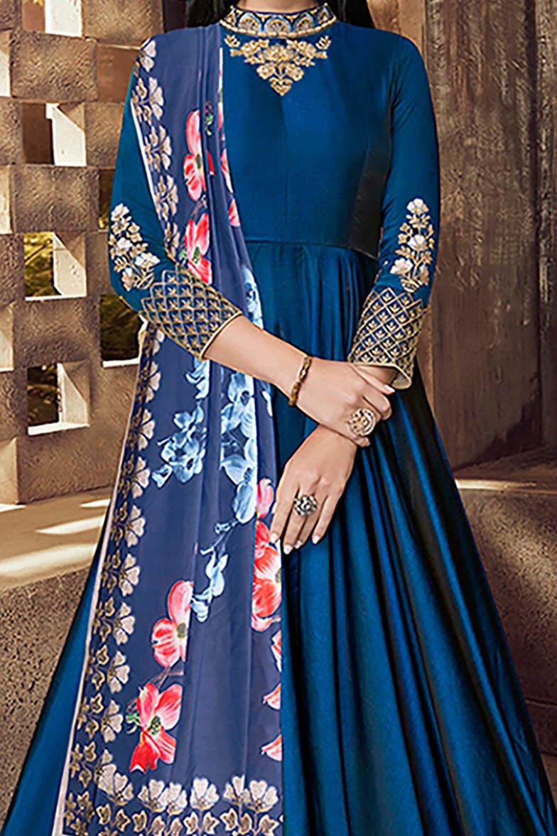 Mesmerising Blue Tafeta Silk Party Wear Anarkali Suit